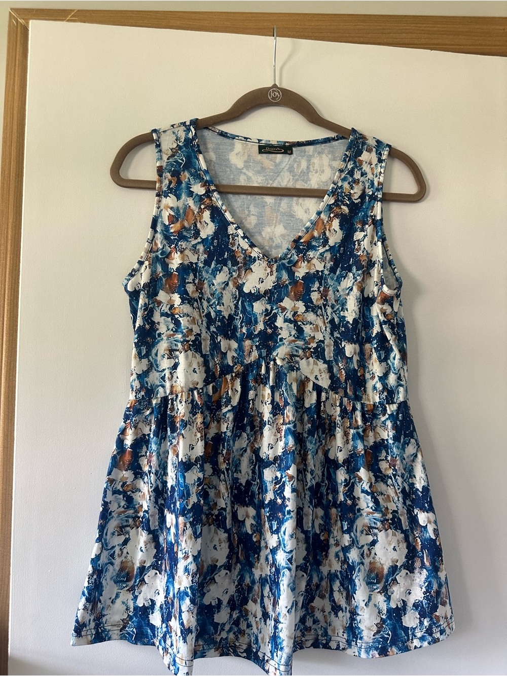 Sleeveless V-Neck Tunic Top in Blue and Brown Floral Print